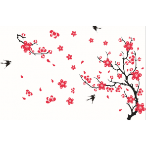Pink Flowers Black Swallows Wall Decal Sticker