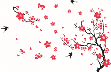 Pink Flowers Black Swallows Wall Decal Sticker
